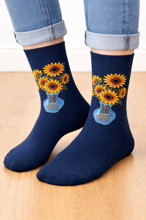 جوراب فانتزی نخ پنبه ساقدار Unisex طرح گل آفتابگردان